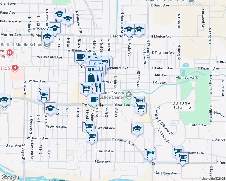 map of restaurants, bars, coffee shops, grocery stores, and more near 118 North 4th Street in Porterville