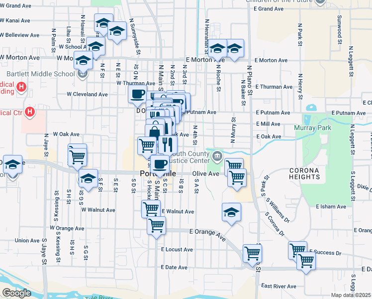 map of restaurants, bars, coffee shops, grocery stores, and more near 85 East Oak Avenue in Porterville