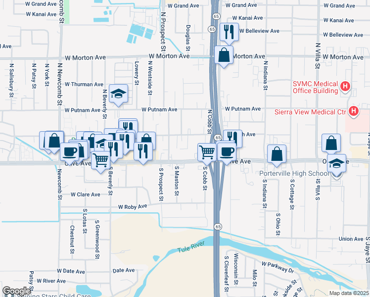 map of restaurants, bars, coffee shops, grocery stores, and more near 1105 Tomah Avenue in Porterville