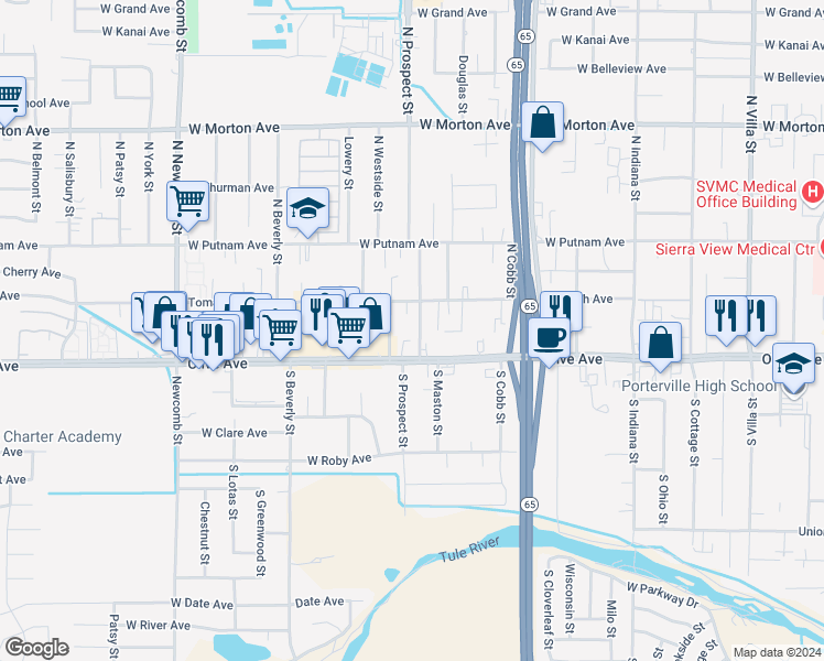 map of restaurants, bars, coffee shops, grocery stores, and more near 94 Dameron Street in Porterville