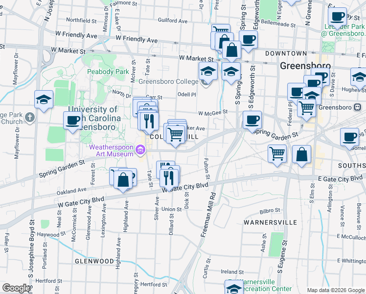 map of restaurants, bars, coffee shops, grocery stores, and more near in Greensboro