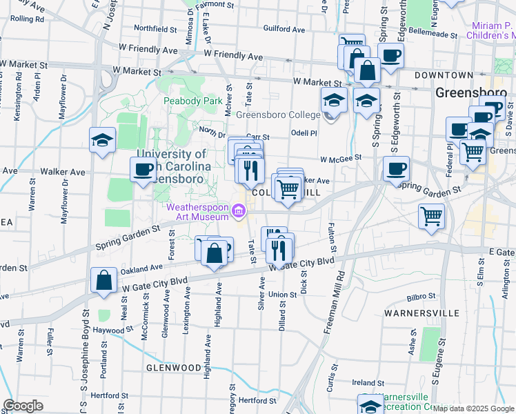 map of restaurants, bars, coffee shops, grocery stores, and more near 14 Springdale Court in Greensboro
