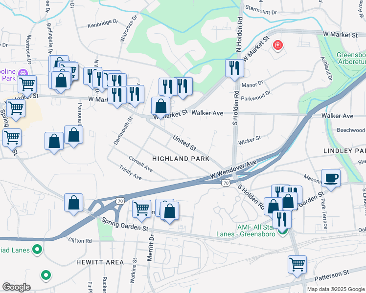 map of restaurants, bars, coffee shops, grocery stores, and more near 3939 West Market Street in Greensboro