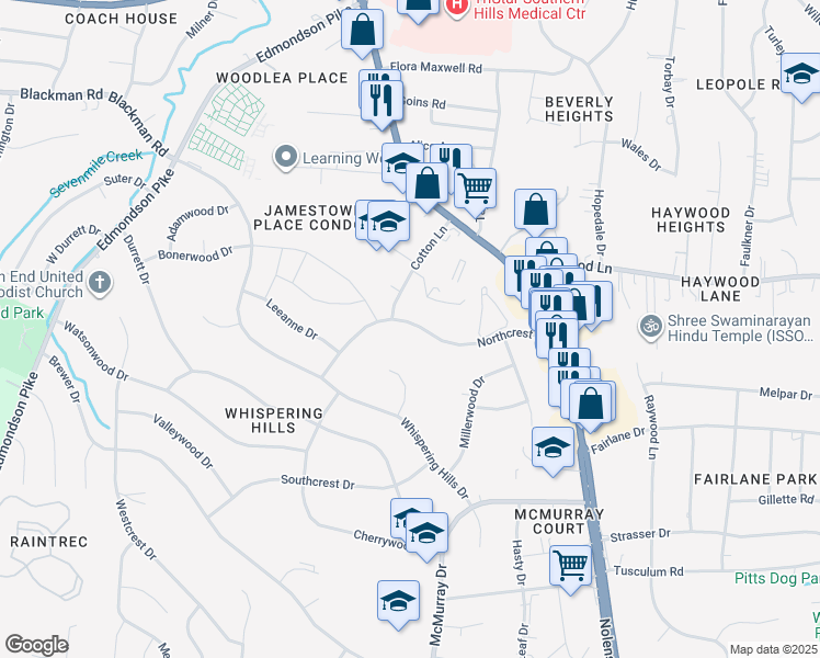 map of restaurants, bars, coffee shops, grocery stores, and more near 113 Northcrest Court in Nashville