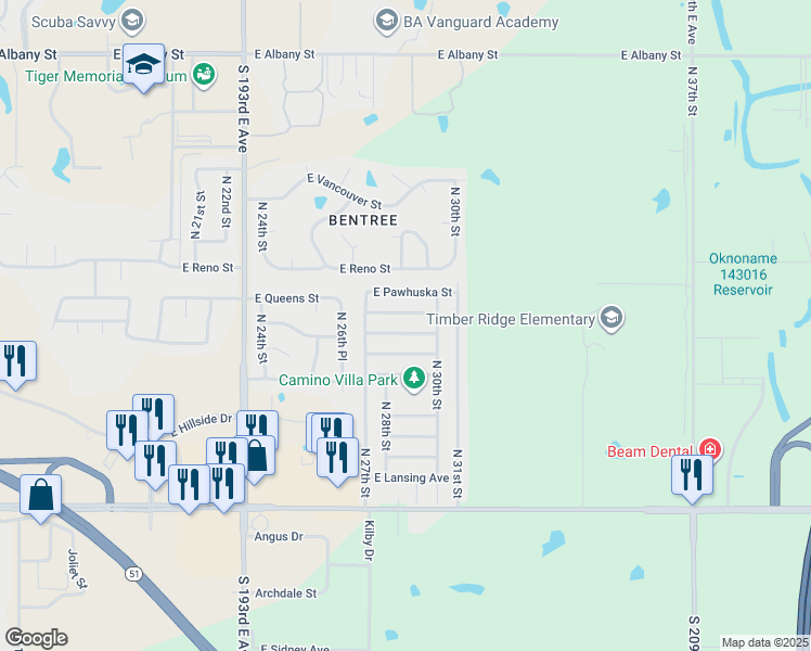 map of restaurants, bars, coffee shops, grocery stores, and more near 2808 East Oakland Place in Broken Arrow