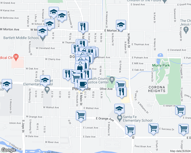 map of restaurants, bars, coffee shops, grocery stores, and more near 113 East Garden Avenue in Porterville