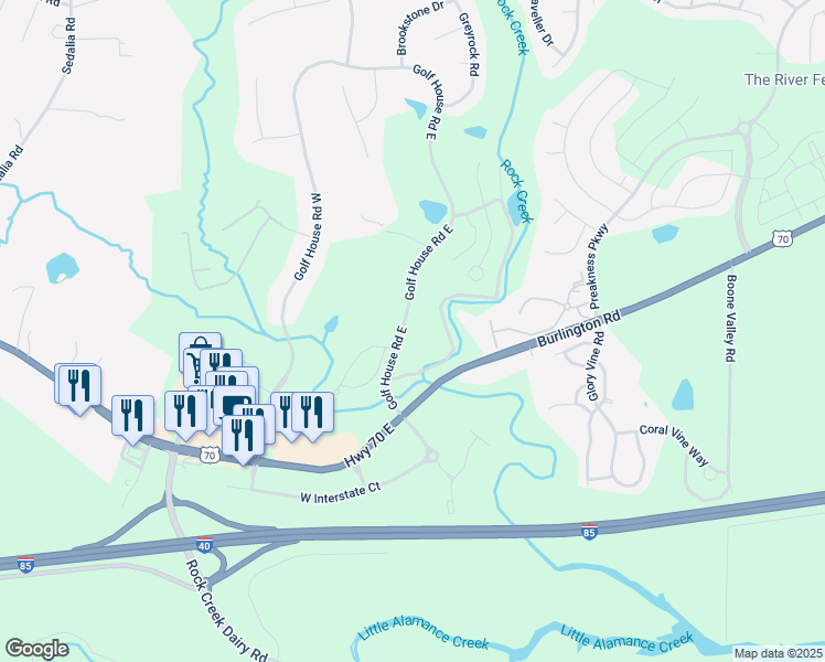 map of restaurants, bars, coffee shops, grocery stores, and more near 930 Golf House Road East in Whitsett