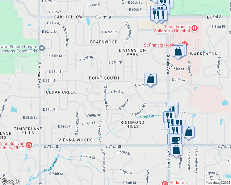 map of restaurants, bars, coffee shops, grocery stores, and more near 4310 East 67th Street in Tulsa