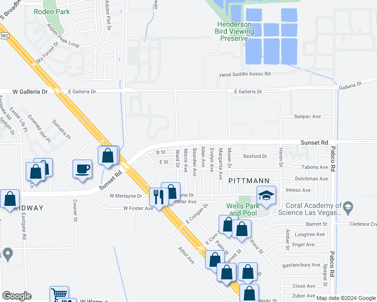 map of restaurants, bars, coffee shops, grocery stores, and more near 1932 Merze Avenue in Henderson