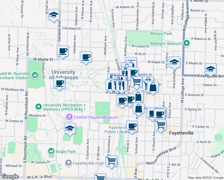 map of restaurants, bars, coffee shops, grocery stores, and more near 320 Arkansas Ave in Fayetteville