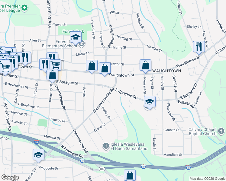 map of restaurants, bars, coffee shops, grocery stores, and more near 1311 Clemmonsville Road in Winston-Salem