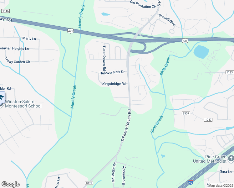 map of restaurants, bars, coffee shops, grocery stores, and more near 5421 Foxdale Drive in Winston-Salem