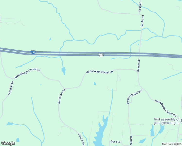 map of restaurants, bars, coffee shops, grocery stores, and more near 1208 McCullough Chapel Road in Dyersburg