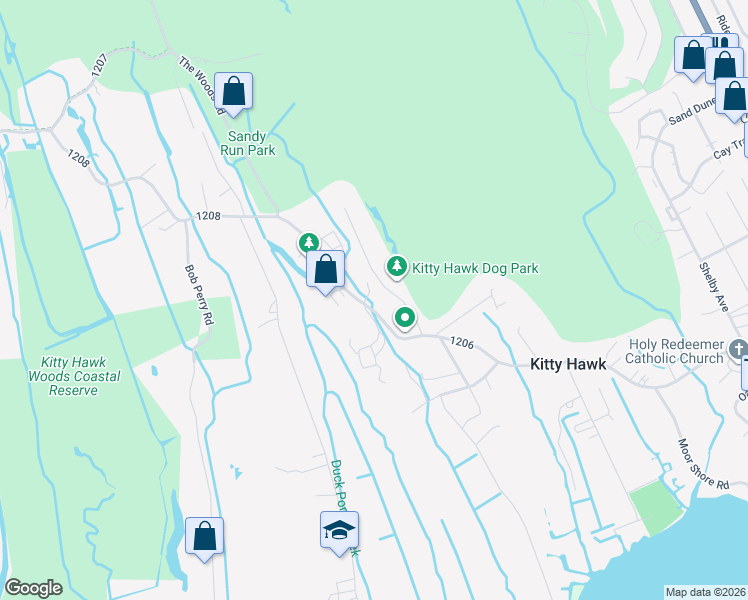 map of restaurants, bars, coffee shops, grocery stores, and more near 900 West Kitty Hawk Road in Kitty Hawk