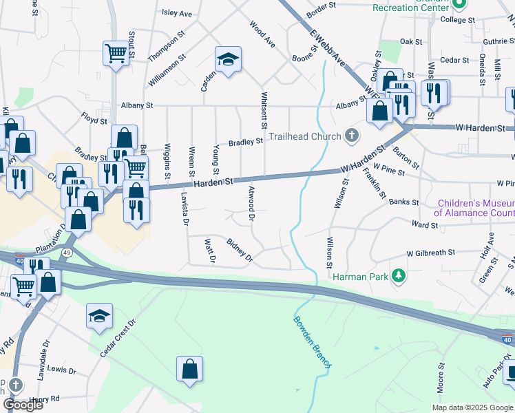 map of restaurants, bars, coffee shops, grocery stores, and more near 2322 Rader Street in Burlington