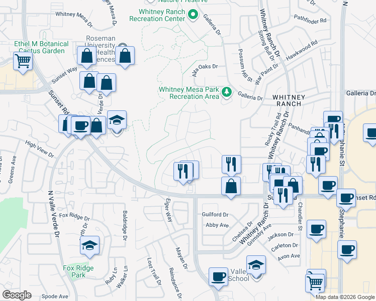 map of restaurants, bars, coffee shops, grocery stores, and more near 768 Flowing Meadow Drive in Henderson