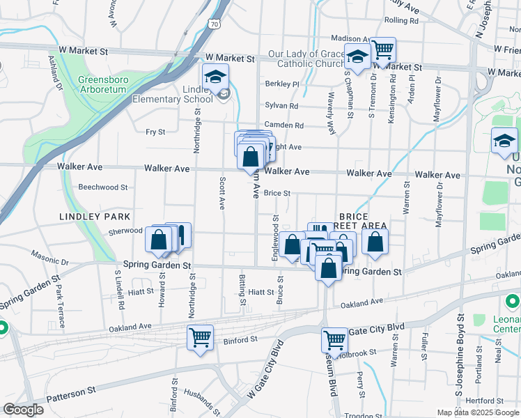 map of restaurants, bars, coffee shops, grocery stores, and more near 713 South Elam Avenue in Greensboro