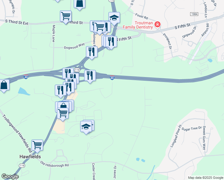 map of restaurants, bars, coffee shops, grocery stores, and more near 1420 Willow Brook Court in Mebane