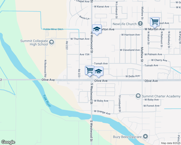 map of restaurants, bars, coffee shops, grocery stores, and more near 57 North Westwood Street in Porterville