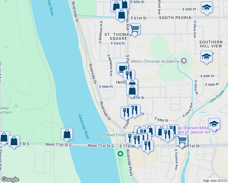 map of restaurants, bars, coffee shops, grocery stores, and more near 1028 East 66th Place in Tulsa