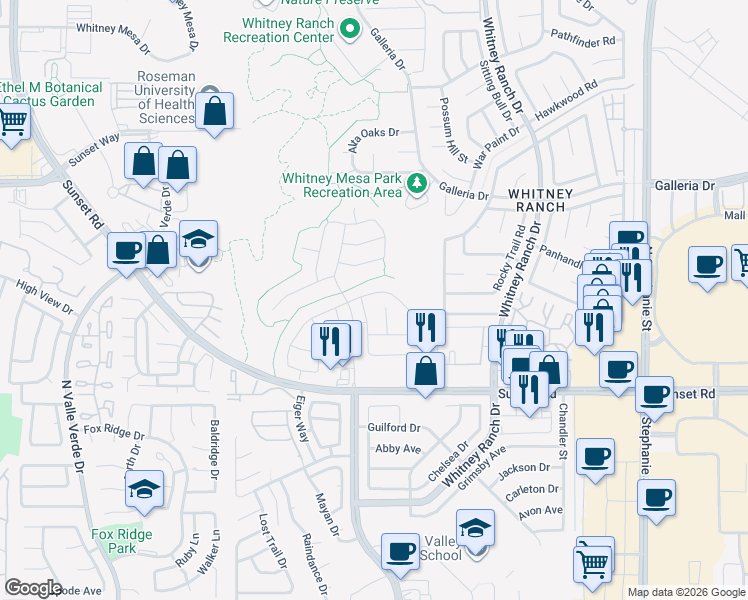 map of restaurants, bars, coffee shops, grocery stores, and more near 741 Flowing Meadow Drive in Henderson