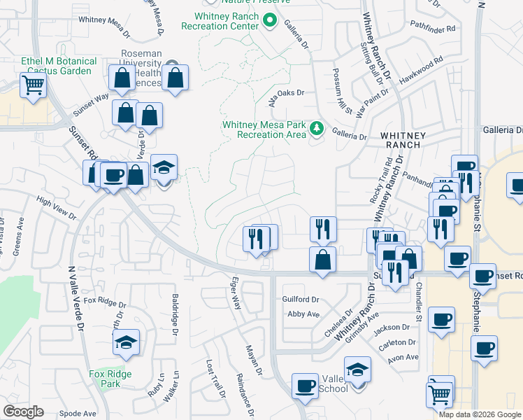 map of restaurants, bars, coffee shops, grocery stores, and more near 768 Flowing Meadow Drive in Henderson