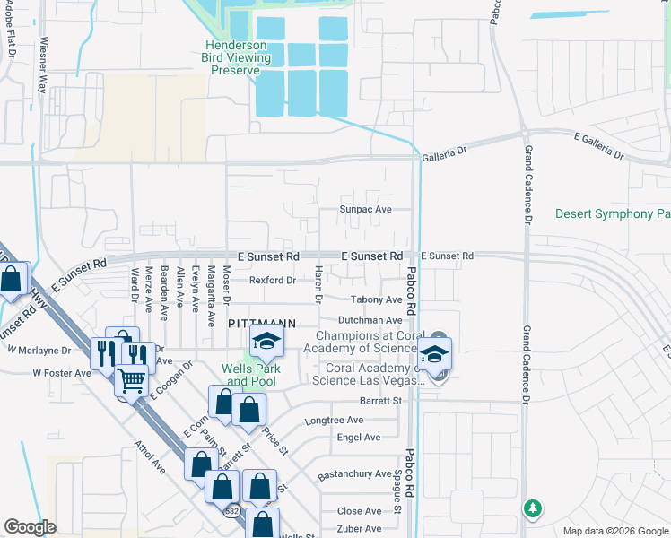 map of restaurants, bars, coffee shops, grocery stores, and more near 513 Kristin Lane in Henderson