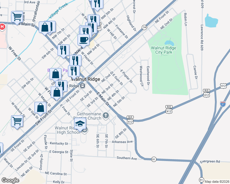 map of restaurants, bars, coffee shops, grocery stores, and more near 224 Northeast 3rd Street in Walnut Ridge