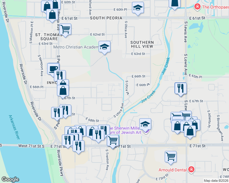 map of restaurants, bars, coffee shops, grocery stores, and more near 1804 East 66th Place South in Tulsa