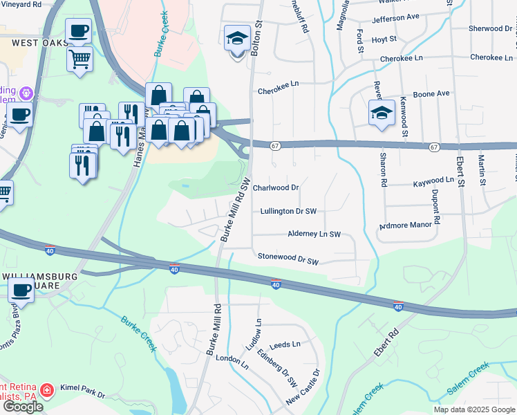 map of restaurants, bars, coffee shops, grocery stores, and more near 1651 Sandersted Road Southwest in Winston-Salem