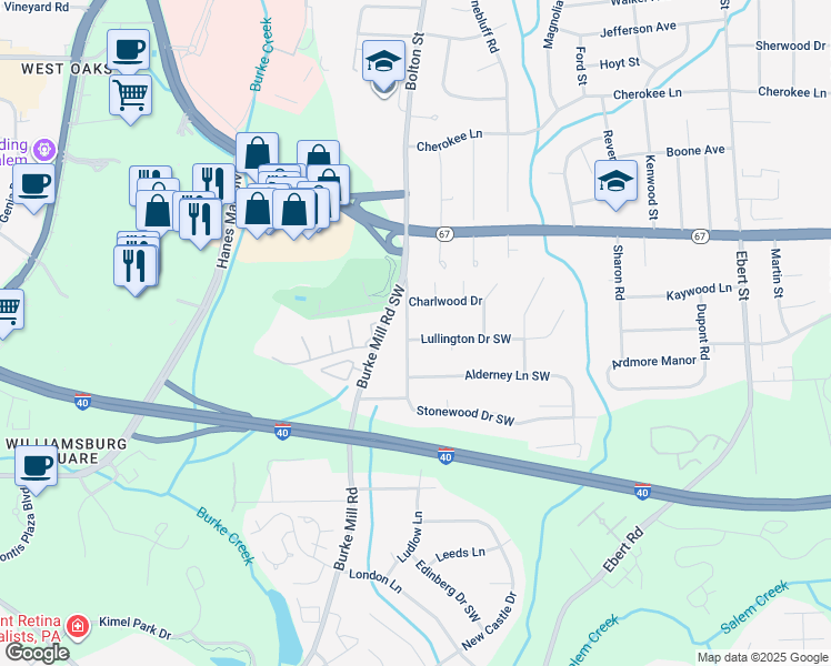 map of restaurants, bars, coffee shops, grocery stores, and more near 1651 Sandersted Road Southwest in Winston-Salem