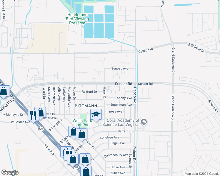 map of restaurants, bars, coffee shops, grocery stores, and more near 513 Kristin Lane in Henderson