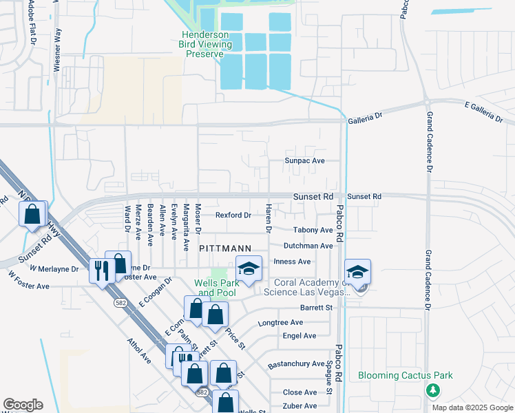 map of restaurants, bars, coffee shops, grocery stores, and more near 480 East Sunset Road in Henderson