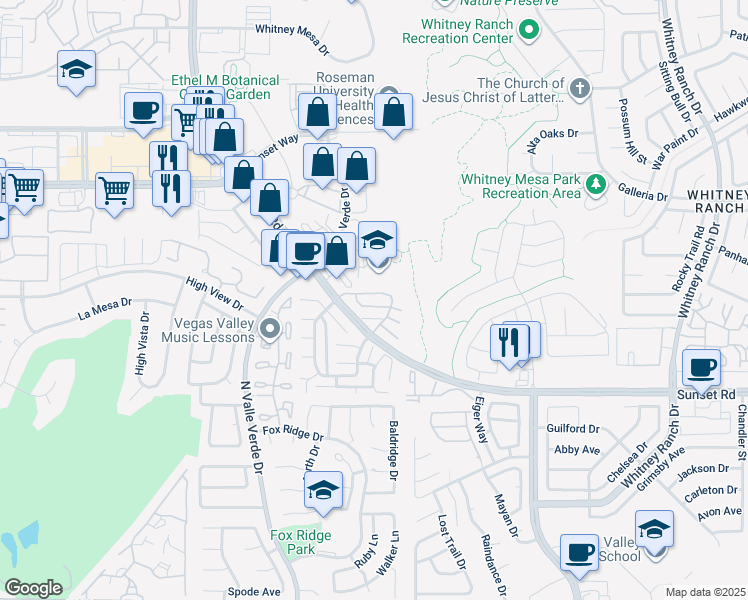 map of restaurants, bars, coffee shops, grocery stores, and more near 711 Valle Verde Court in Henderson