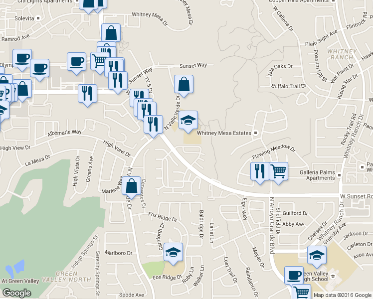 map of restaurants, bars, coffee shops, grocery stores, and more near 1960 West Sunset Road in Henderson