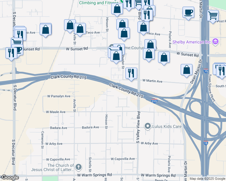 map of restaurants, bars, coffee shops, grocery stores, and more near 6760 Hinson Street in Las Vegas