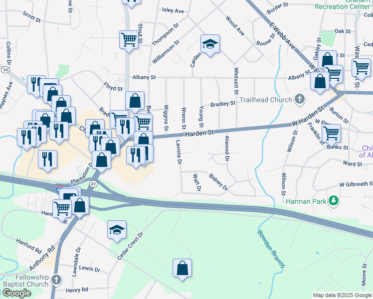 map of restaurants, bars, coffee shops, grocery stores, and more near 2322 Lavista Drive in Burlington