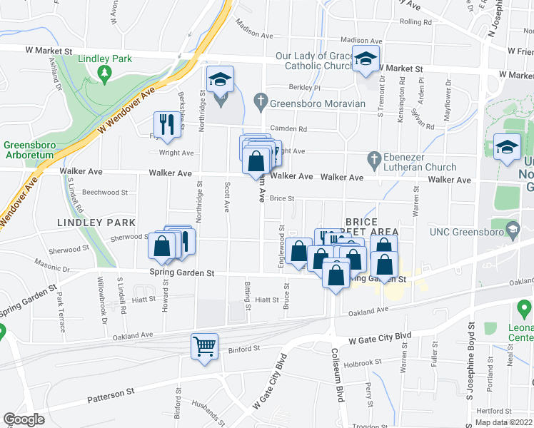 map of restaurants, bars, coffee shops, grocery stores, and more near 702 South Elam Avenue in Greensboro