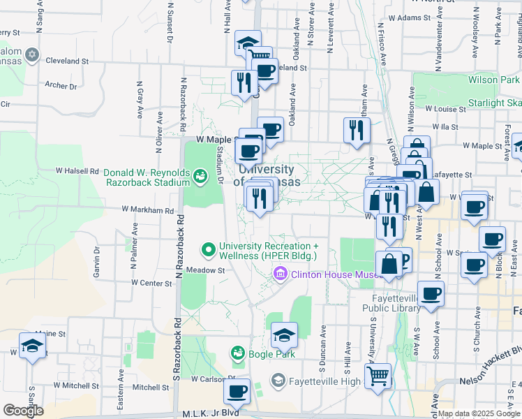 map of restaurants, bars, coffee shops, grocery stores, and more near N Ozark Ave in Fayetteville