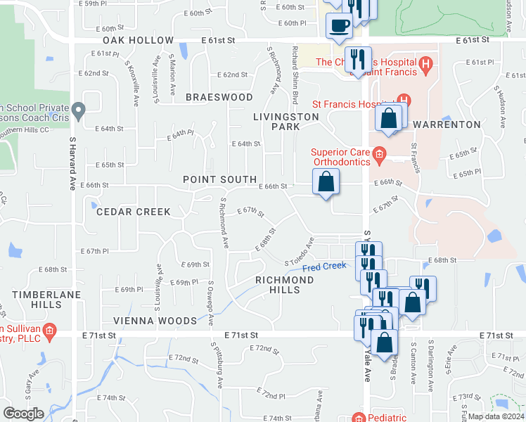 map of restaurants, bars, coffee shops, grocery stores, and more near 4444 East 66th Street in Tulsa