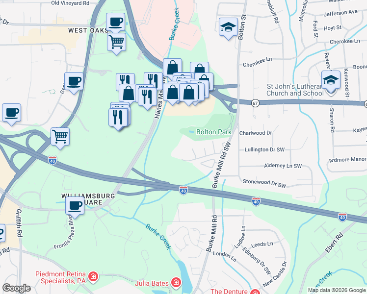 map of restaurants, bars, coffee shops, grocery stores, and more near 2946 Saint Marks Road Southwest in Winston-Salem