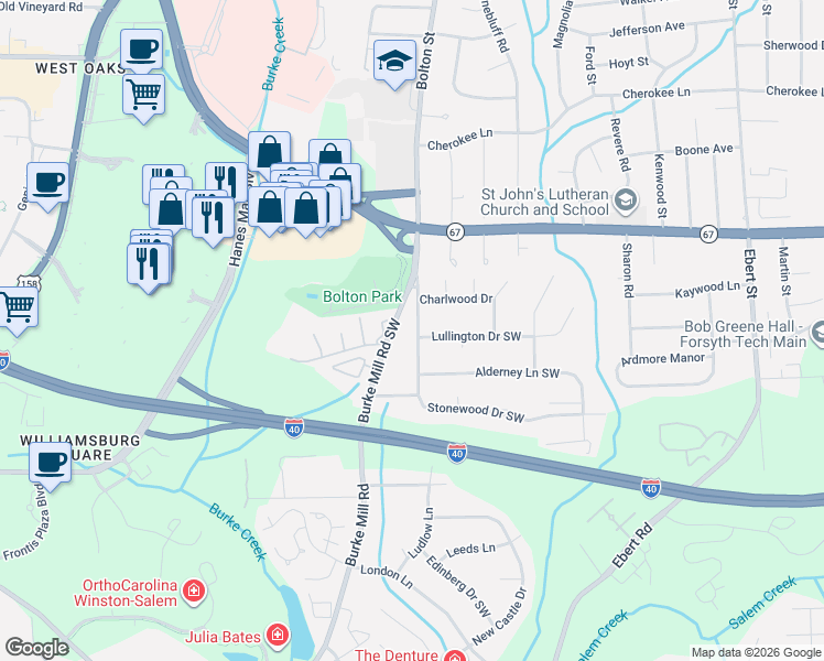map of restaurants, bars, coffee shops, grocery stores, and more near 1640 Sandersted Road Southwest in Winston-Salem