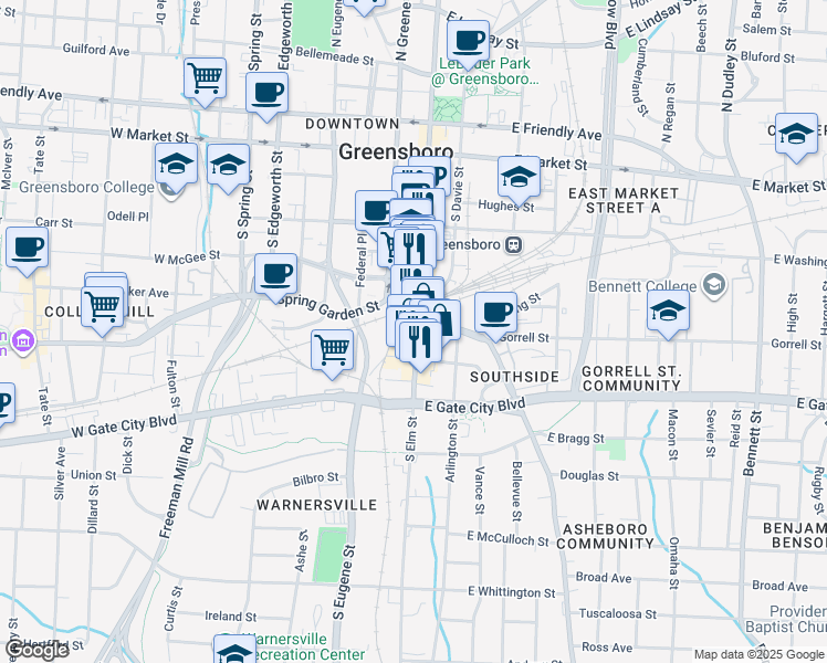 map of restaurants, bars, coffee shops, grocery stores, and more near 408 South Elm Street in Greensboro