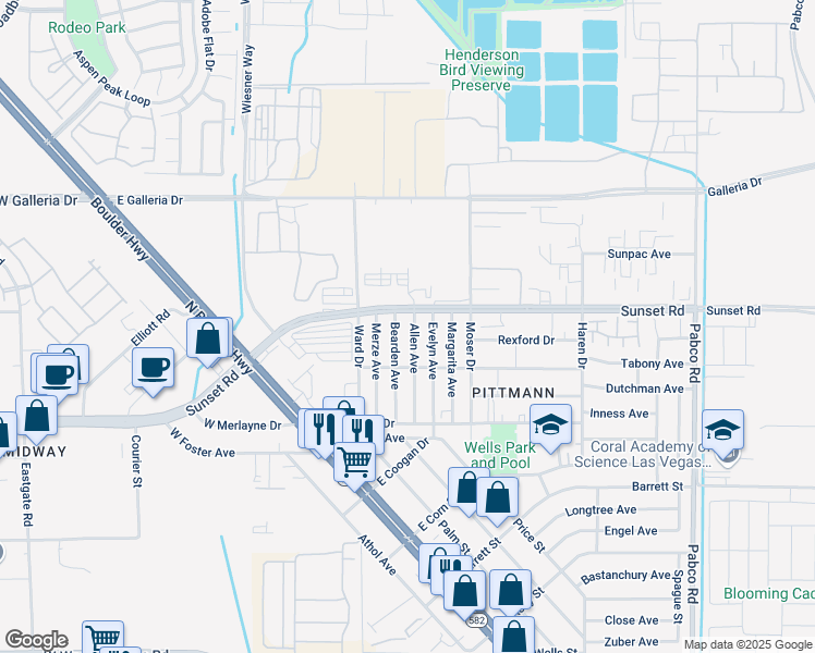map of restaurants, bars, coffee shops, grocery stores, and more near 1944 Allen Avenue in Henderson