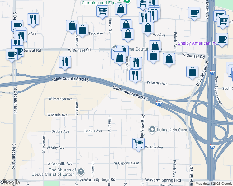 map of restaurants, bars, coffee shops, grocery stores, and more near 6760 Hinson Street in Las Vegas