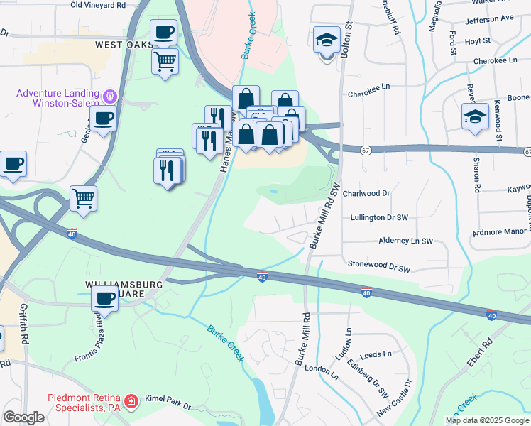 map of restaurants, bars, coffee shops, grocery stores, and more near 2946 Saint Marks Road Southwest in Winston-Salem