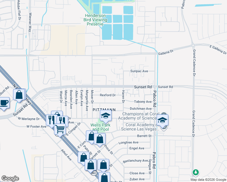 map of restaurants, bars, coffee shops, grocery stores, and more near 460 Rexford Drive in Henderson