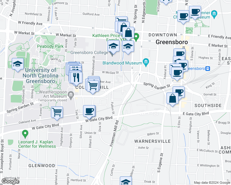 map of restaurants, bars, coffee shops, grocery stores, and more near 713 Morehead Avenue in Greensboro