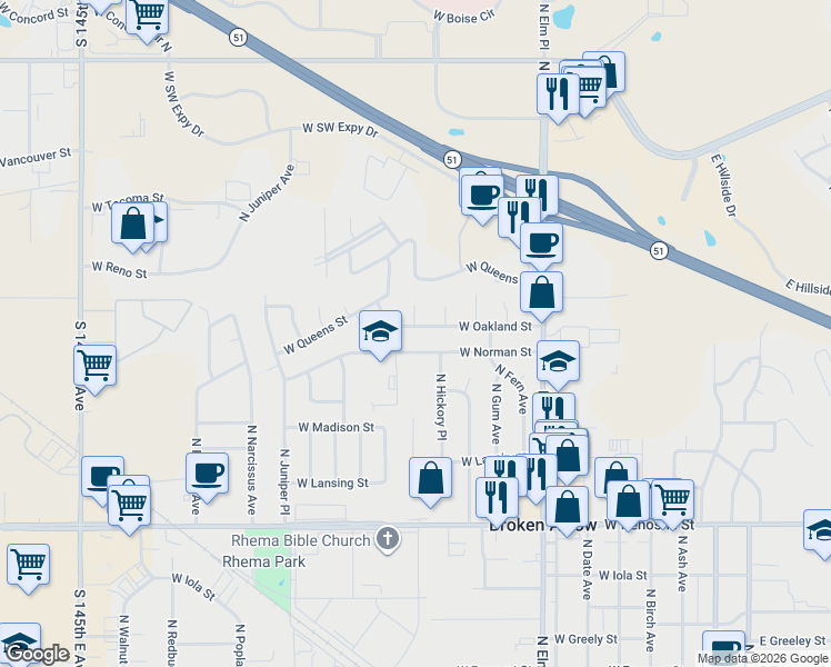 map of restaurants, bars, coffee shops, grocery stores, and more near 917 West Oakland Street in Broken Arrow