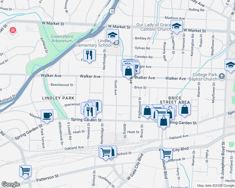 map of restaurants, bars, coffee shops, grocery stores, and more near 619 Scott Avenue in Greensboro